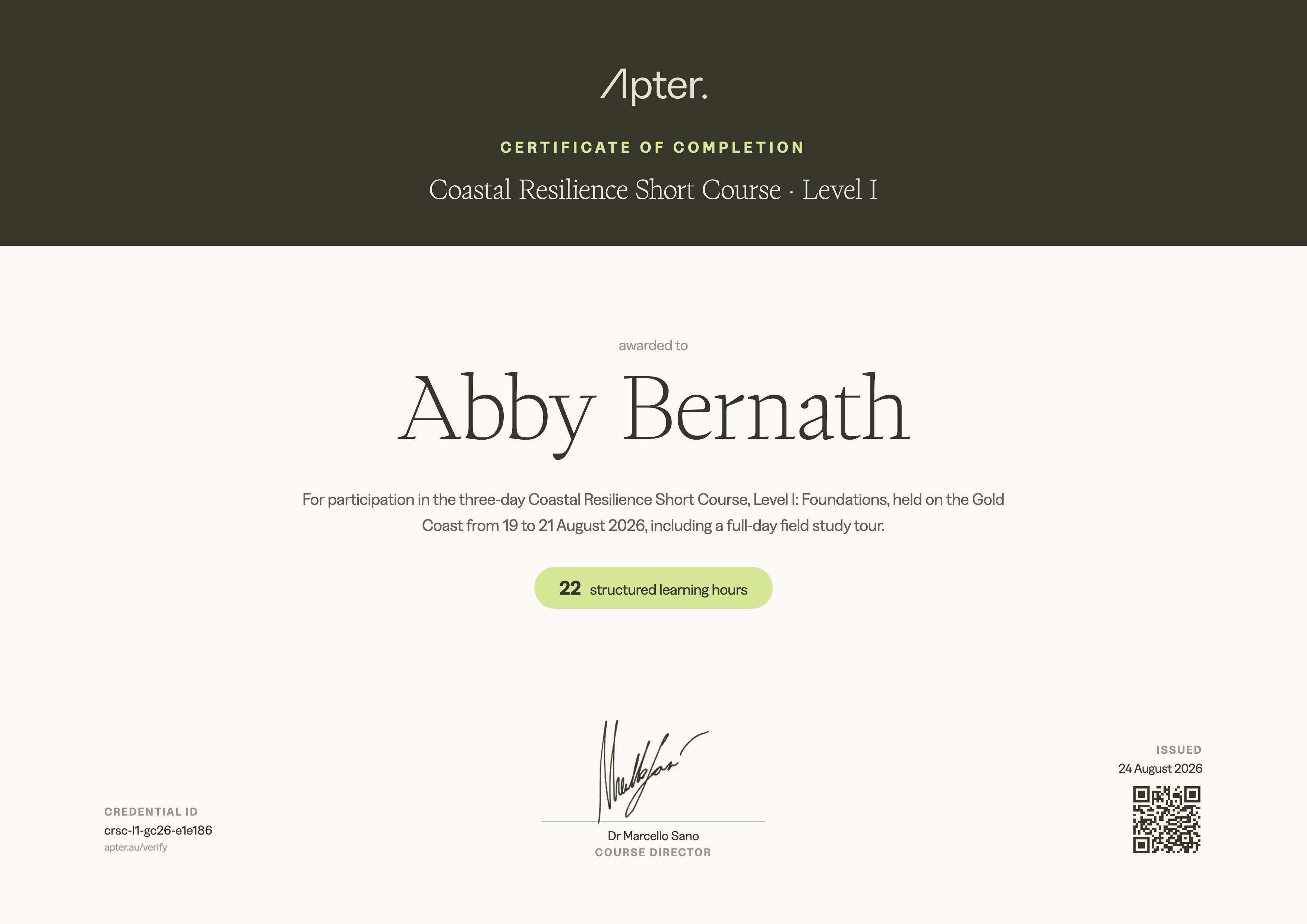 Certificate of Completion awarded to Abby Bernath