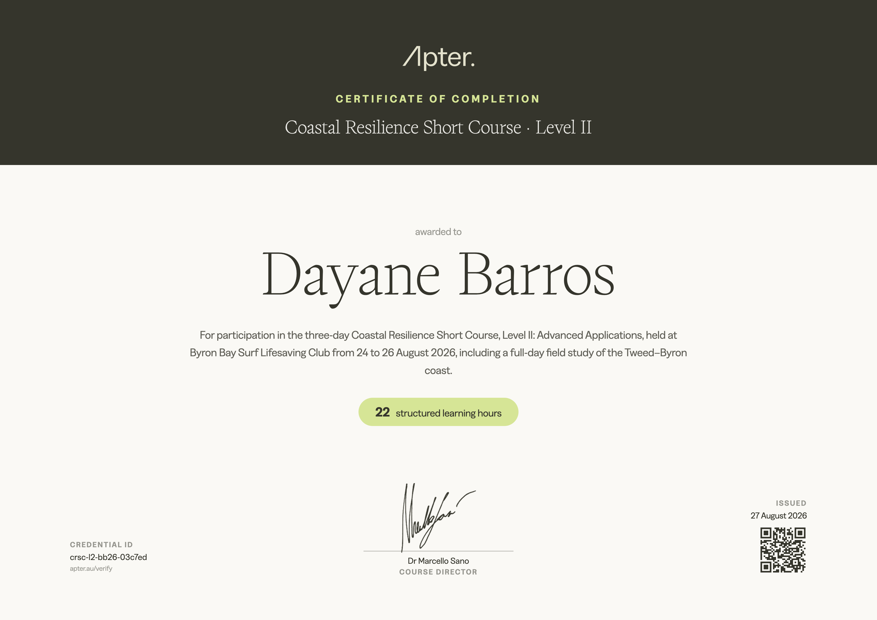 Certificate of Completion awarded to Dayane Barros